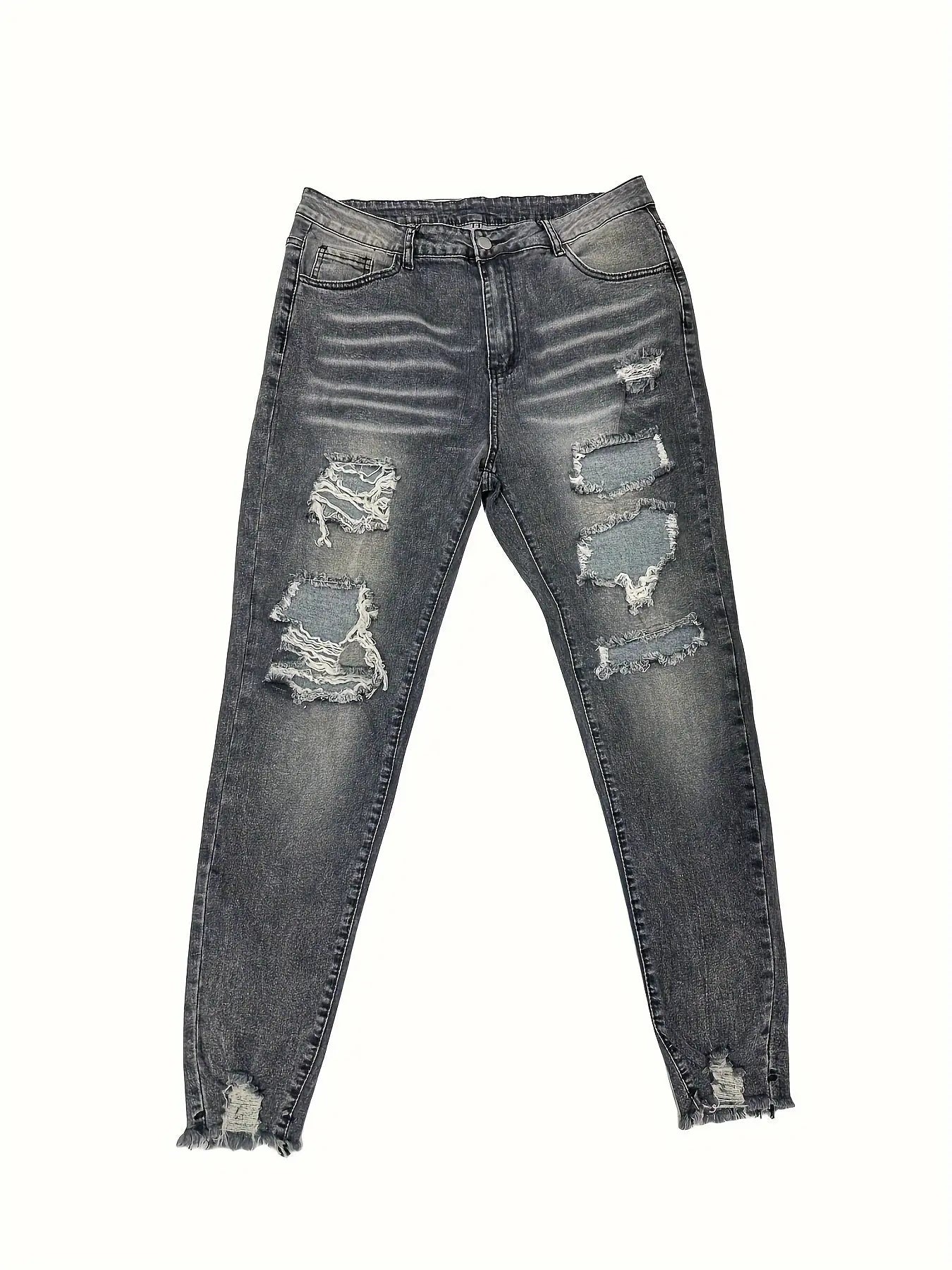 Plus Size Womens Fashionable Skinny Jeans - Durable & Stretchy, Distressed Ripped Design with Raw Trim, Button Fly, Low Rise - Perfect for Curvy Figures, Trendy Denim Style Temu