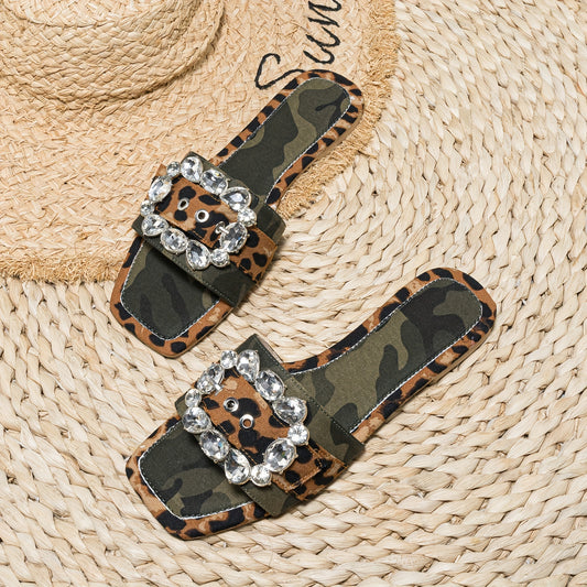 Women's Camouflage Leopard Print Slide Sandals, Fashion Buckle Decor Flat Summer Shoes, Lightweight Slide Sandals