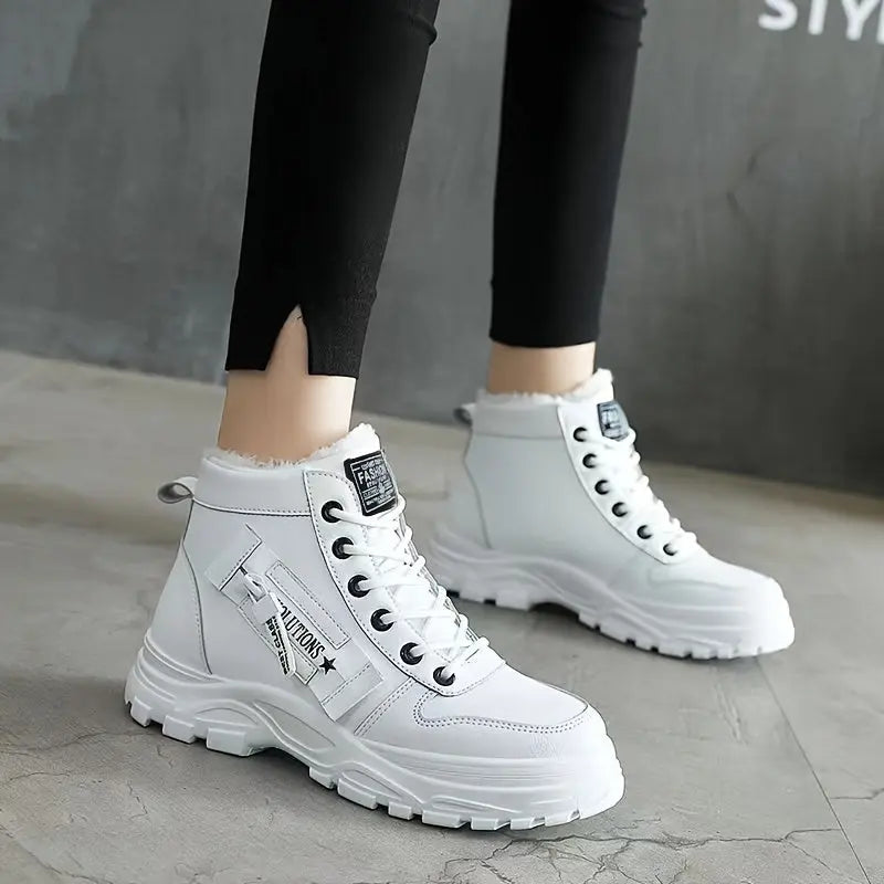 [Warm Fleece-Lined Winter Boots] Warm Fleece-Lined Women's Winter High-Top Boots - Thick Rubber Sole, Lace-Up Casual Style, White & Beige, Perfect for Cold Weather Comfort Chic Le'Meek