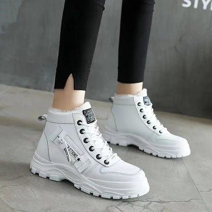 [Warm Fleece-Lined Winter Boots] Warm Fleece-Lined Women's Winter High-Top Boots - Thick Rubber Sole, Lace-Up Casual Style, White & Beige, Perfect for Cold Weather Comfort Chic Le'Meek