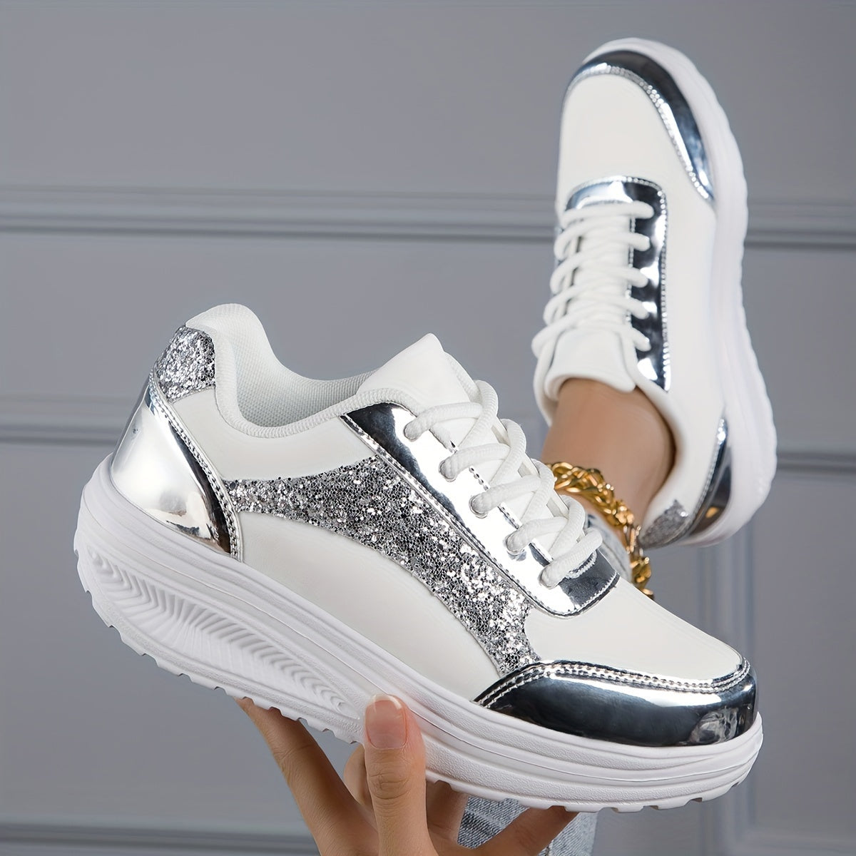 New Season All-Season Lightweight Mesh Breathable Sneakers - Sequin Decorated Faux Leather Upper, Thick EVA Sole, Superfine Fiber Insole, Random Printing - Perfect for Casual Running and Everyday Wear