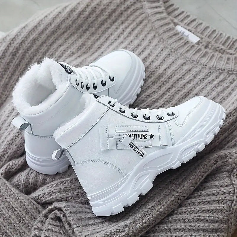 [Warm Fleece-Lined Winter Boots] Warm Fleece-Lined Women's Winter High-Top Boots - Thick Rubber Sole, Lace-Up Casual Style, White & Beige, Perfect for Cold Weather Comfort Chic Le'Meek