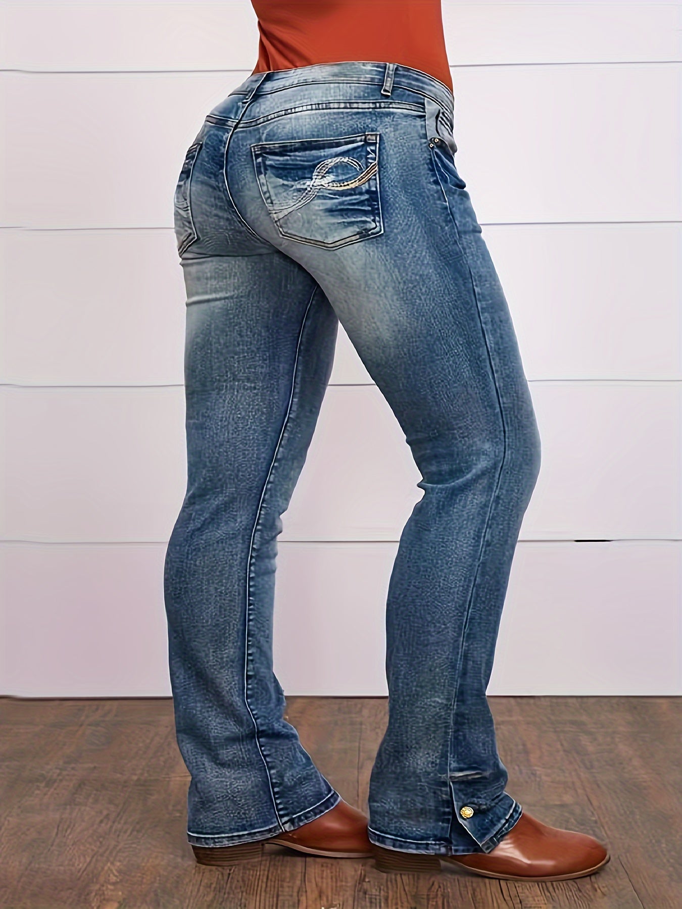 Plus Size Denim Jeans for Women - High-Stretch, Embroidered, Split-Hem with Pockets - Versatile Cowgirl-Inspired Streetwear