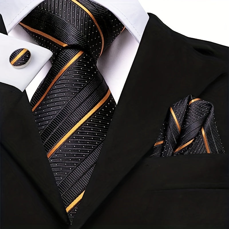 Sophisticated Men's Woven Striped Tie, Cufflink & Handkerchief Set - Perfect for Business, Parties & Gifting