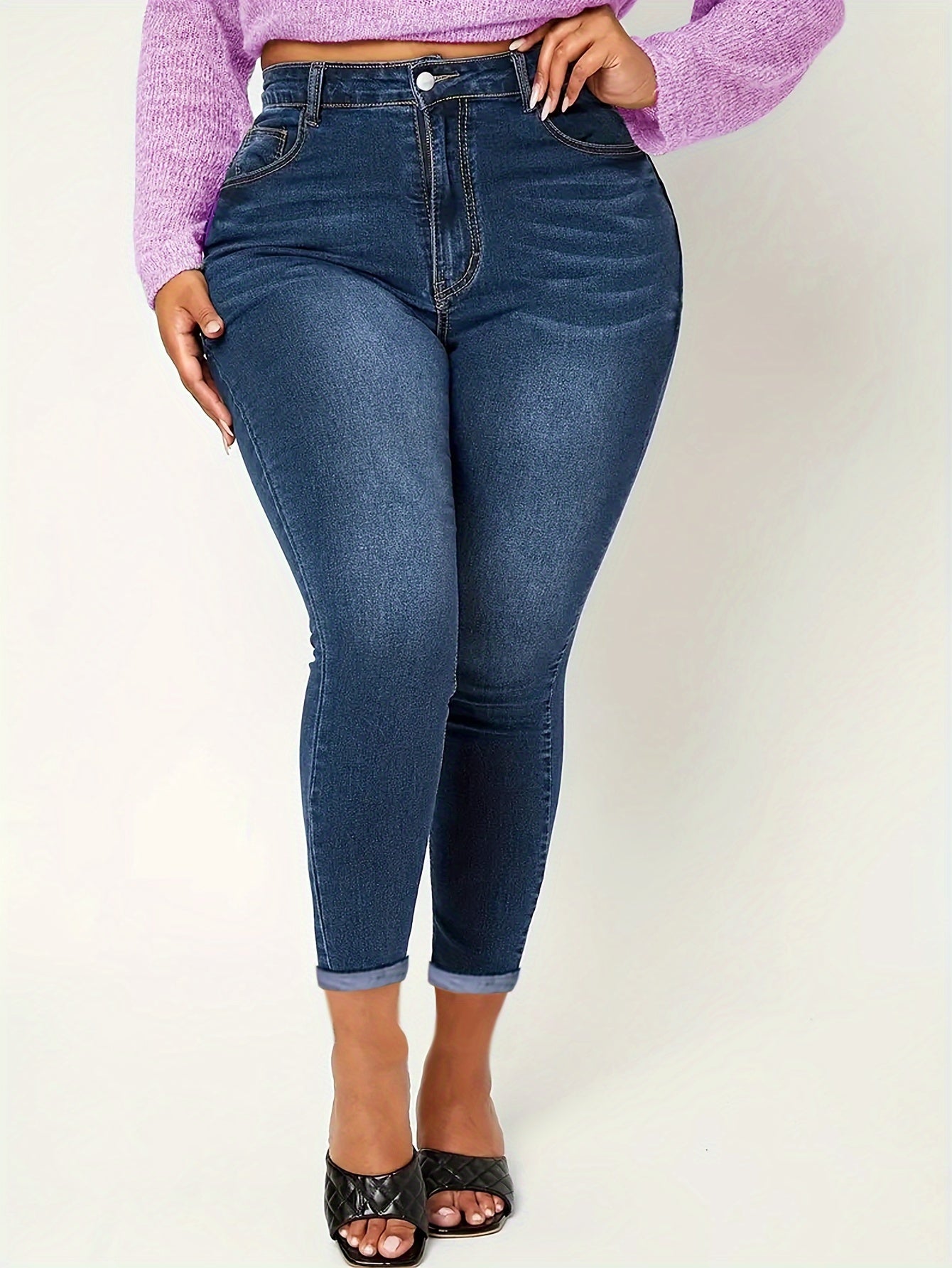 Plus Size Plain Skinny Fit Washed Blue Casual Style Zipper Button Closure Denim Pants, Women's Denim Jeans & Clothing