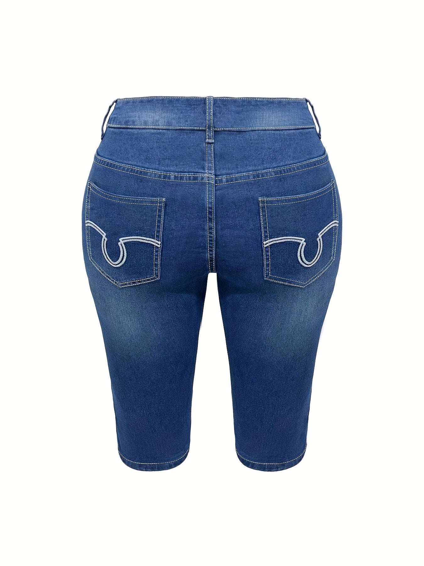 Plus Size Blue Geometric Embroidered Capri Jeans With High Waist And Vintage Retro Style, Women's Denim Jeans & Clothing