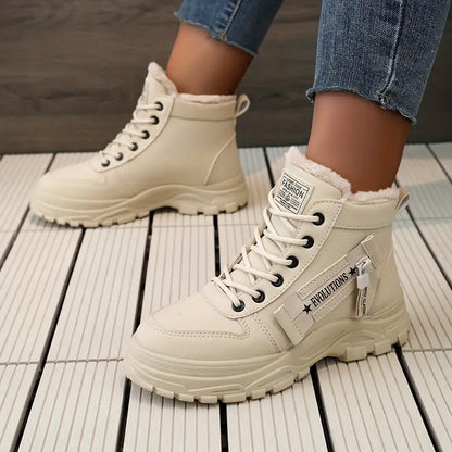 [Warm Fleece-Lined Winter Boots] Warm Fleece-Lined Women's Winter High-Top Boots - Thick Rubber Sole, Lace-Up Casual Style, White & Beige, Perfect for Cold Weather Comfort Chic Le'Meek