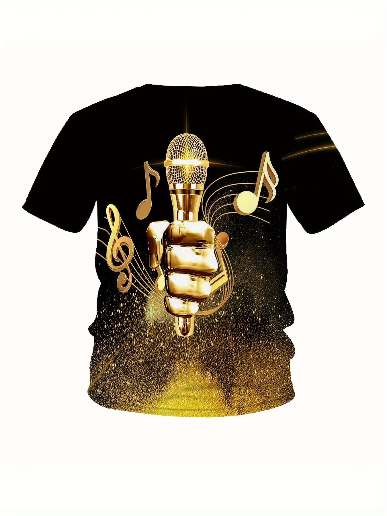 Mens 3D Printed Microphone & Notes Graphic Tee - Comfortable Crew Neck, Short Sleeves, Fashionable Summer Style - Music Inspired, Trendy Leisurewear