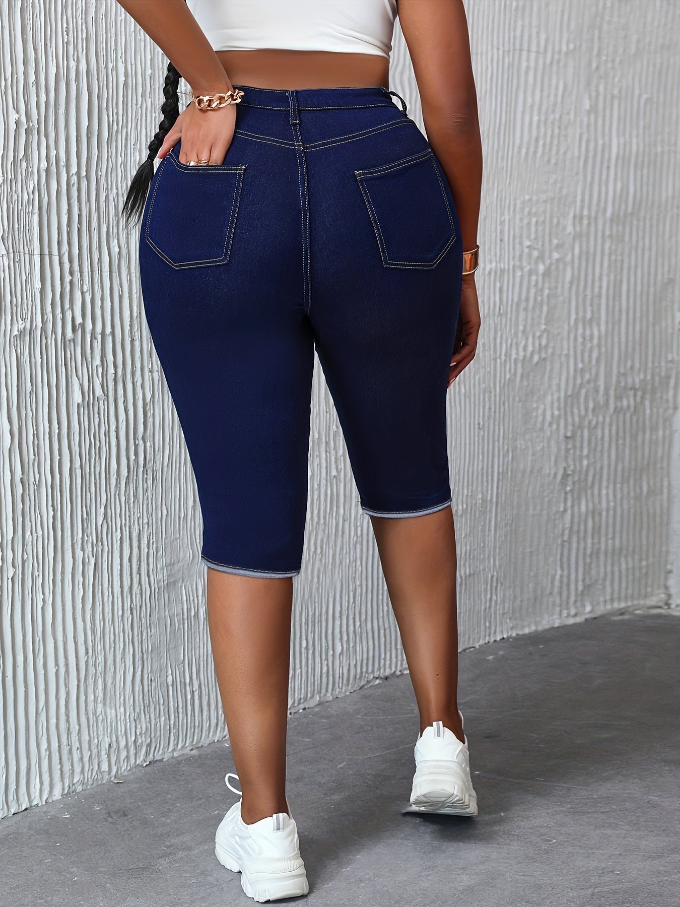 Plus Size Stretch Denim Pedal Pushers - Comfort Fit, High-Waist, Zip & Button Closure - Fashionable Everyday Wear