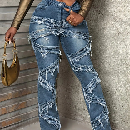 Women'S Large Size Mid-rise Skinny Jeans With Flared Design. Multi-layer Stacking With Distressed Edges. Highly Elastic And Comfortable Soft Denim Fabric. Suitable For Spring And Summer. Chic Le'Meek
