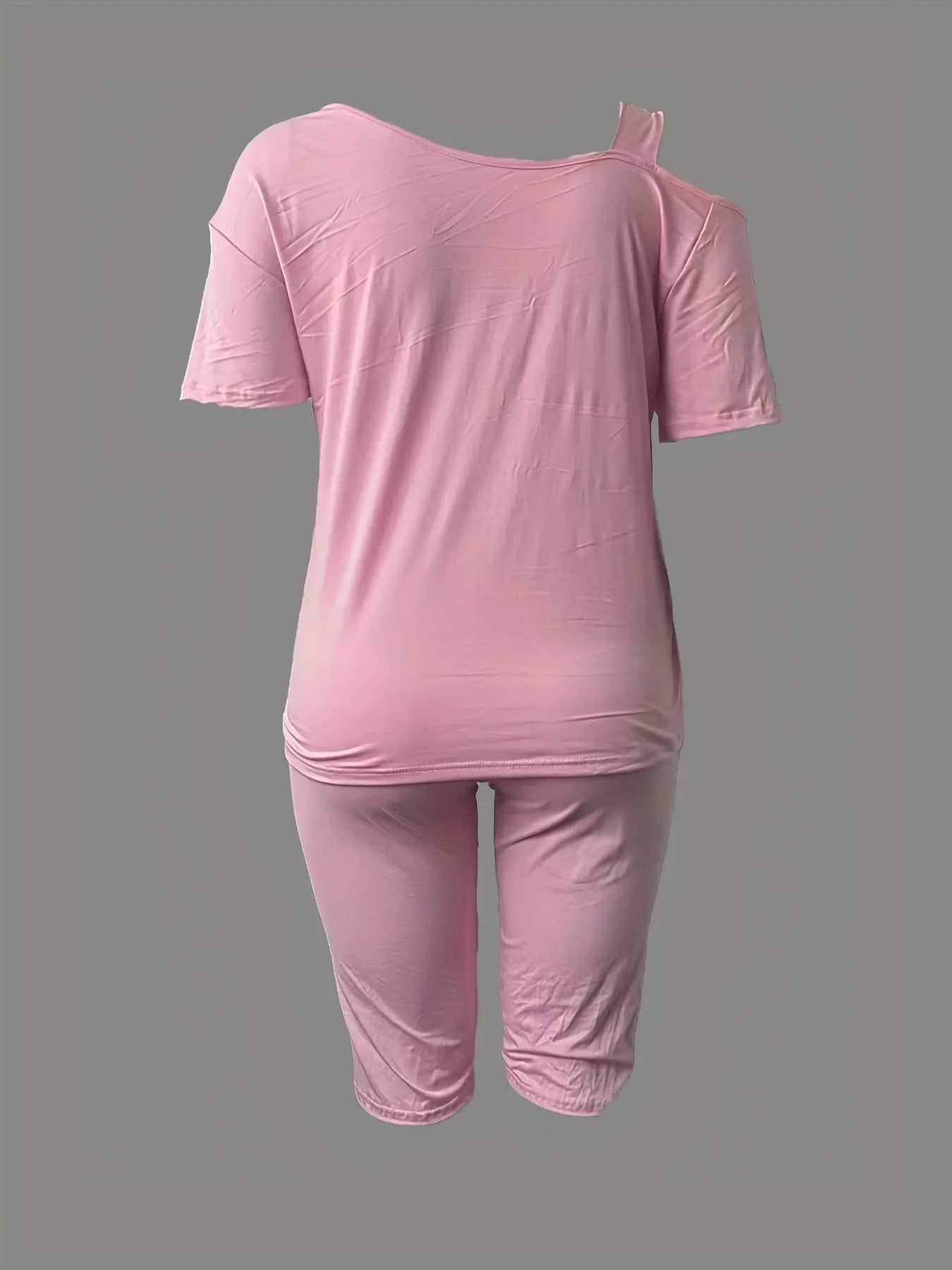 Women's Off-Shoulder Short Sleeve T-Shirt and Capri Pants Set - Casual Spring/Summer Outfit, Stylish Two-Piece Look, Polyester Blend, Asymmetrical Neckline, Perfect for Casual Attire, Casual Attire|Asymmetrical Neckline Top|P Chic Le'Meek