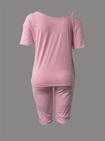 Women's Off-Shoulder Short Sleeve T-Shirt and Capri Pants Set - Casual Spring/Summer Outfit, Stylish Two-Piece Look, Polyester Blend, Asymmetrical Neckline, Perfect for Casual Attire, Casual Attire|Asymmetrical Neckline Top|P Chic Le'Meek