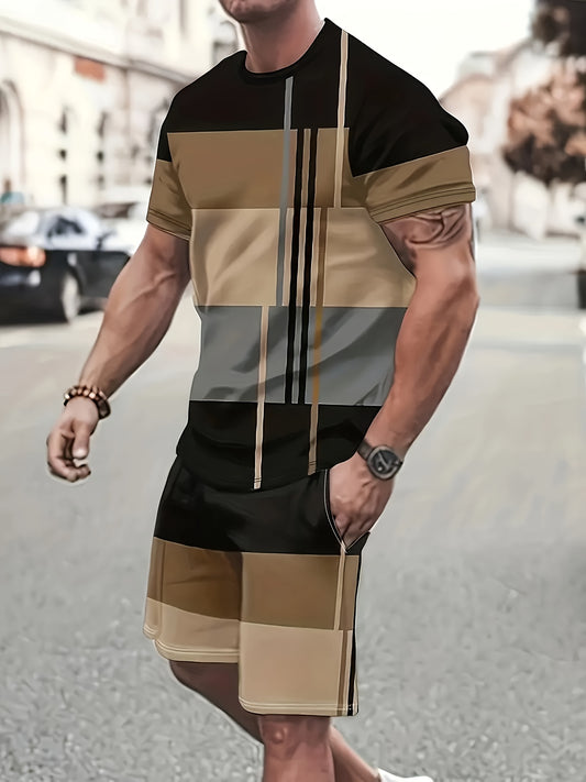 Men's 2-piece fashionable brown black striped printed short sleeved round neck T-shirt and drawstring shorts set, casual sports street vacation comfortable breathable top and bottom