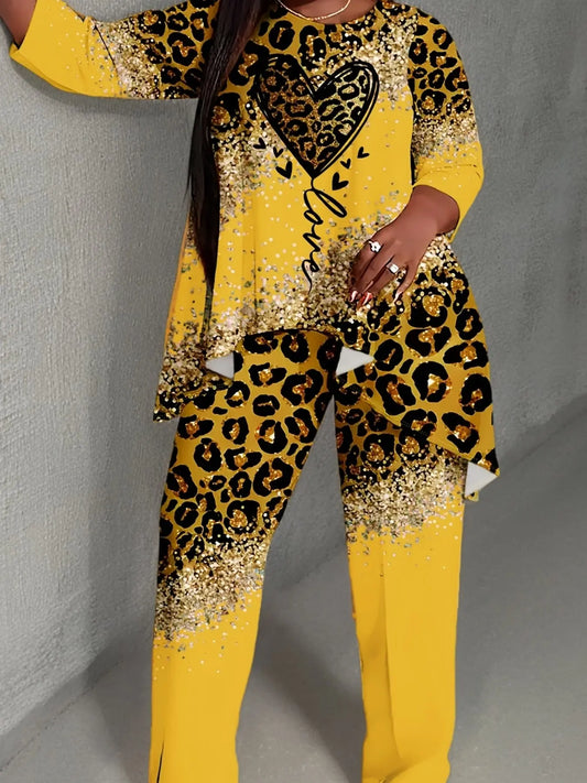 Leopard & Heart Print Plus-Size Set for Women - High-Low Hem, 3/4 Sleeves, Crew Neck Top & Pants Chic Le'Meek