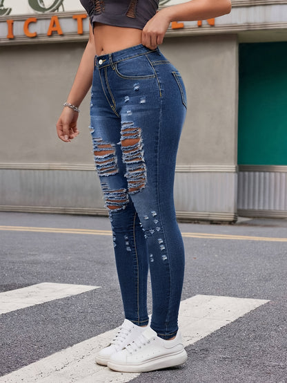 Women's Plus Size Stretchy Skinny Jeans, Ripped Distressed Denim, Basic Style Ankle-Length Denim Pants