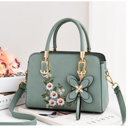 Elegant Flower Pattern Faux Leather Crossbody Handbag with Removable Strap and Rayon Lining - Zipper Closure, Embroidered Embellishment, Double Handle Design