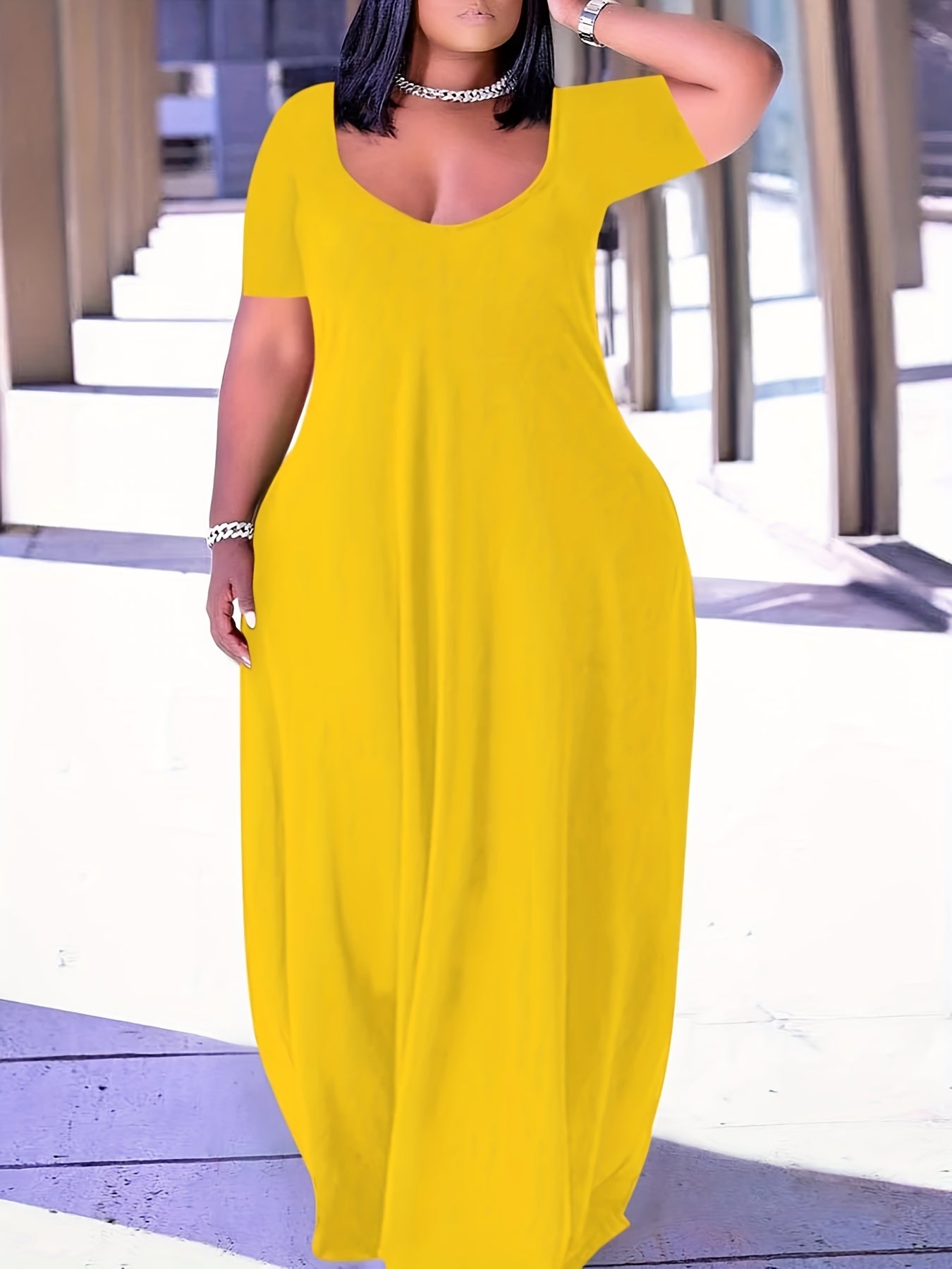 Plus Size Long Length Fit and Flare Dress - Soft Slight Stretch Polyester Material, Crew Neck, Short Sleeve, Pocket, Pullover, Weekend Casual - Perfect for Spring and Summer