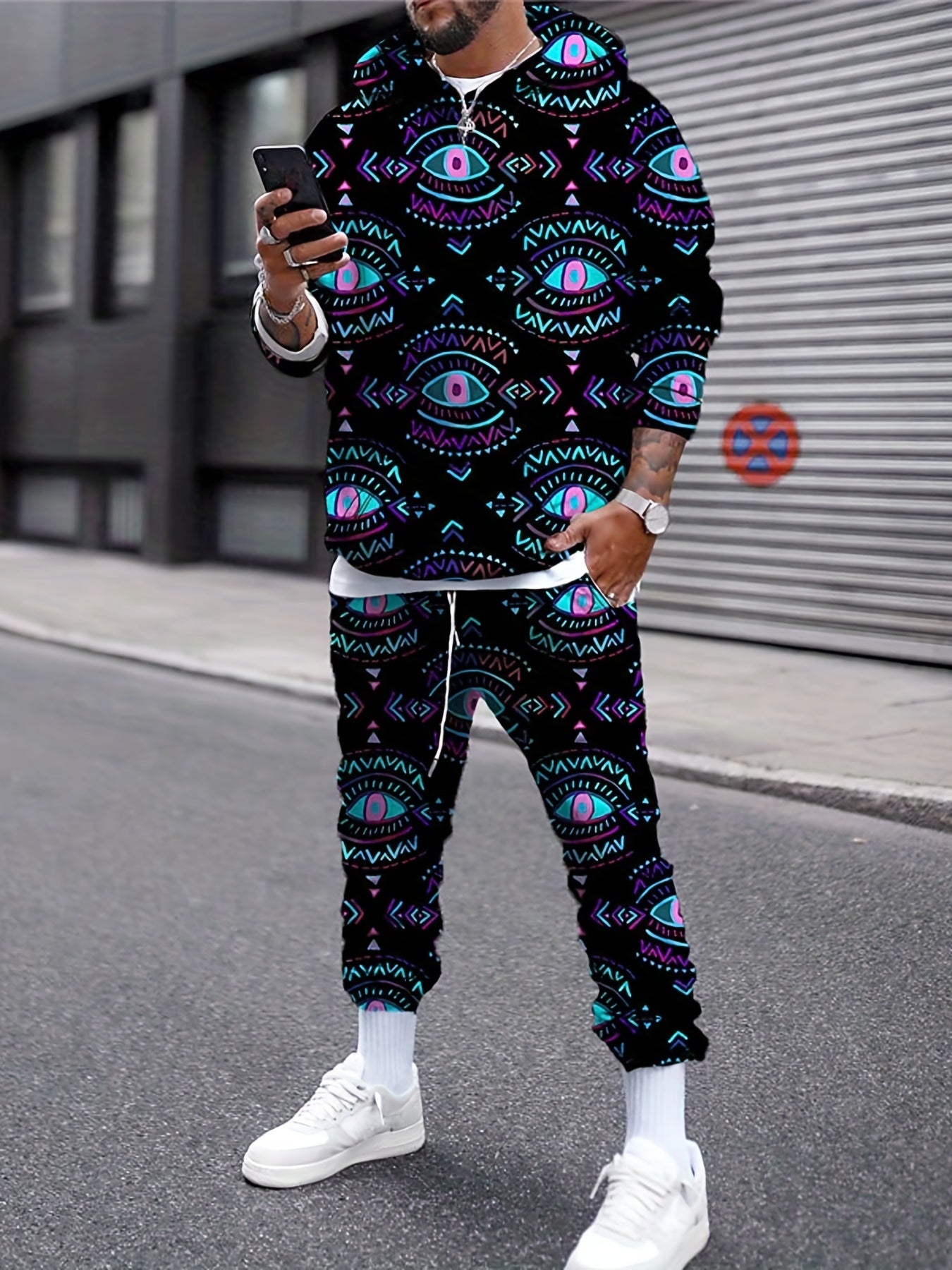 Casual Sporty Two-Piece Outfit With All-over Digital Pattern Print, Long Sleeve Hoodie And Pants Co Ord Set