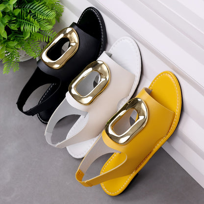 Women's Solid Color Stylish Sandals, Metallic Buckle Ankle Strap Lightweight Flat Soft Sole Shoes, Comfort Beach Shoes