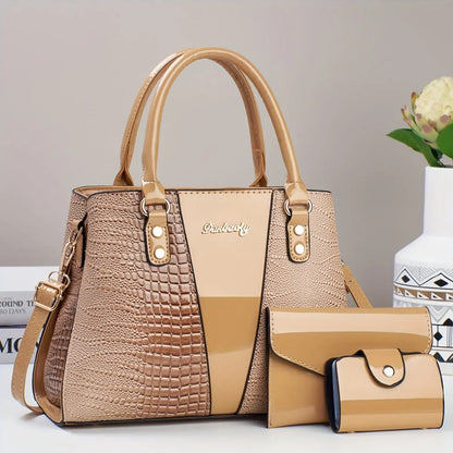 3pcs Elegant PU Handbag Set, Crocodile Pattern Large Capacity Crossbody Bag with Coin Purse and Card Holder, Lightweight Shoulder Bag with Sequins and Zipper Closure Chic Le'Meek