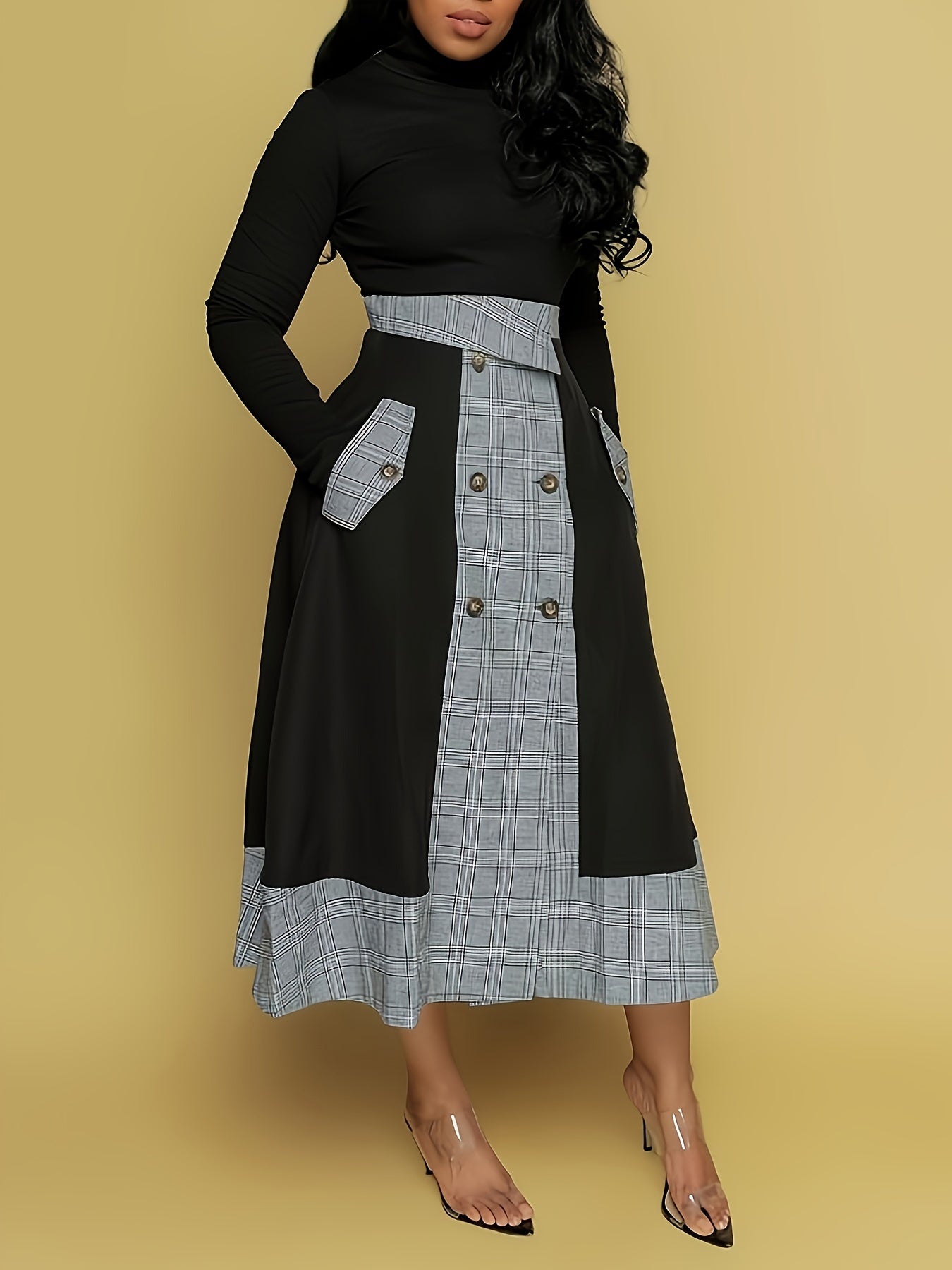 Mock-Neck Tee And Plaid Combo Skirt Set