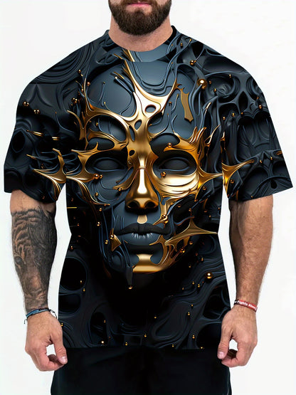 Stylish 3D Mask Print, Breathable, Slight Stretch, Crew Neck, Casual Tee for Summer - Machine Washable, No Dry Clean, Polyester Knit Fabric