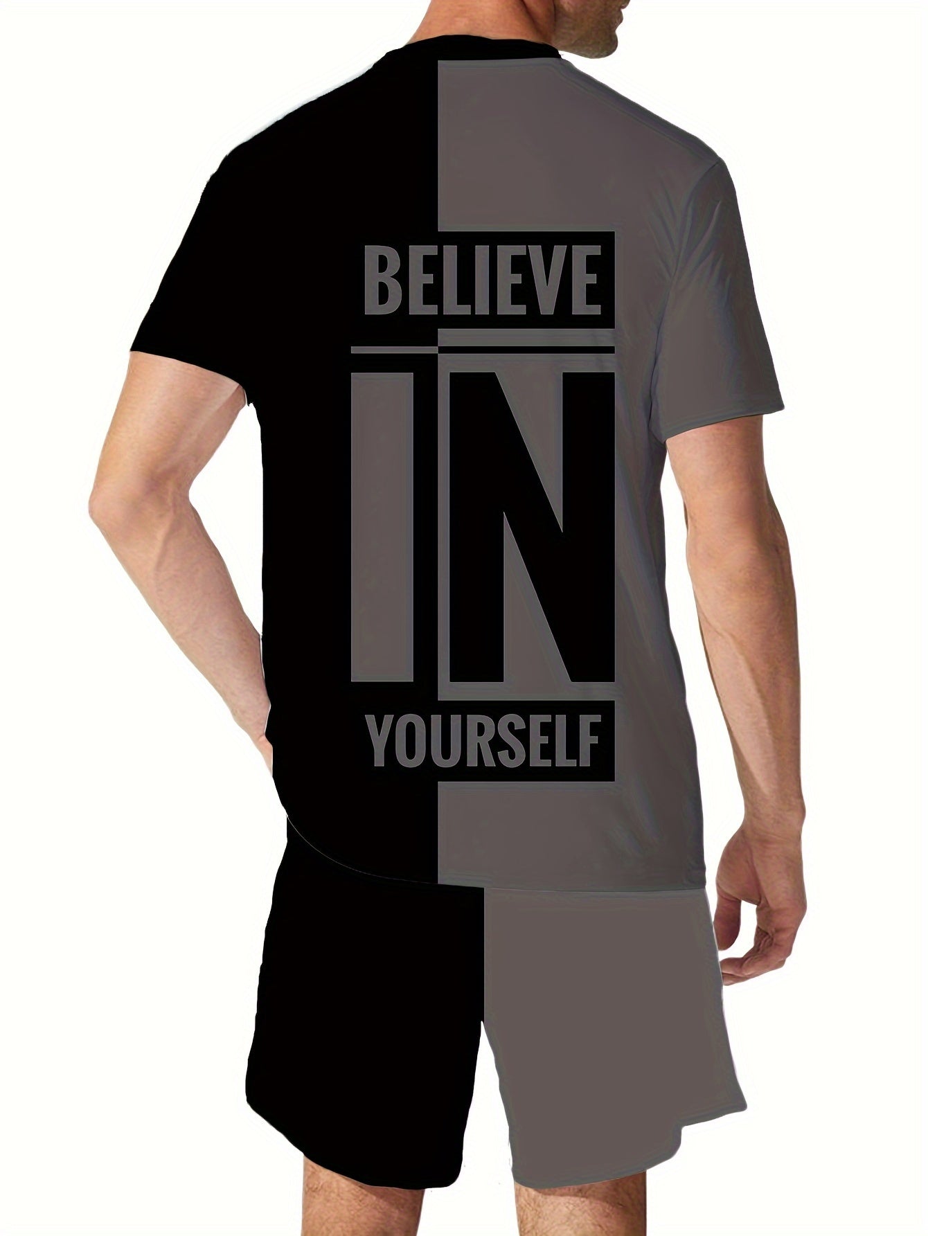 Plus Size Men's "Believe In Yourself" Print T-shirt & Shorts Set For Summer, Casual Trendy 2Pcs