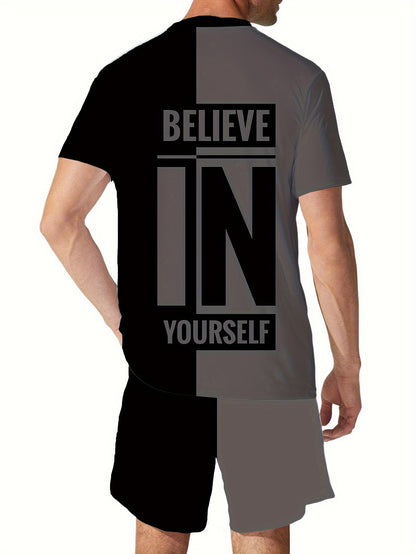 Plus Size Men's "Believe In Yourself" Print T-shirt & Shorts Set For Summer, Casual Trendy 2Pcs