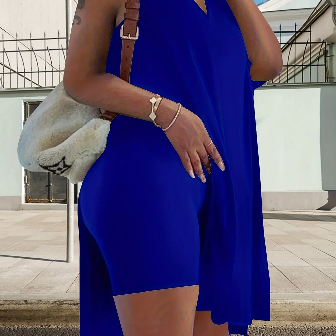 Two-piece Set Of Super Large Size Casual Clothes With Medium Elasticity, Women'S Super Large Size Medium Elasticity V Neck Split Hem Slightly Elastic Vest And Shorts Two-piece Set Chic Le'Meek