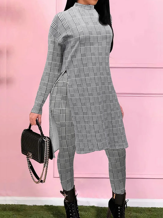 Plus Size Plaid Chic Two-piece Set - Flattering Mock Neck Long Sleeve Top with Slit & Comfortable Pants - Trendy Womens Plus Size Outfit for Everyday Fashion