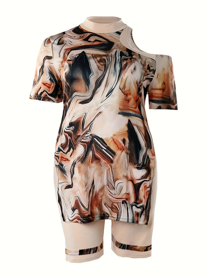 Marble Print Cold Shoulder Top & Shorts Set Chic Le'Meek