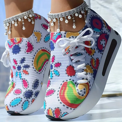 Abstract Print Side Lace-up Casual Wedge Sneakers - Without Anklet Chic Le'Meek