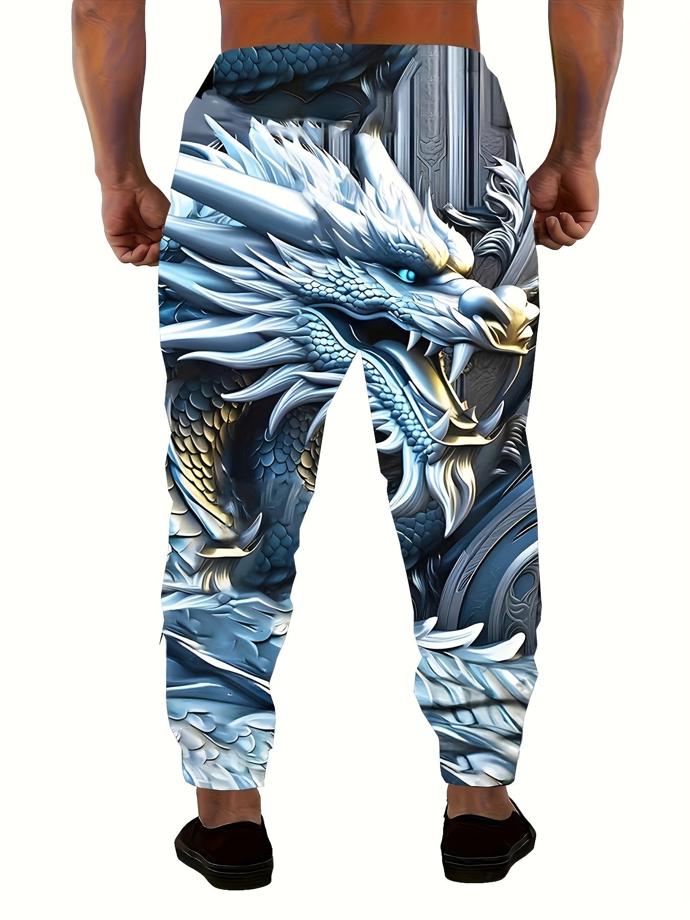 Men's Vibrant 3D Dragon Print Drawstring Footed Sweatpants - Soft, Stretchy, and Breathable for Running, Jogging, Gym Fitness, and Casual Wear - Perfect for Spring and Autumn Seasons