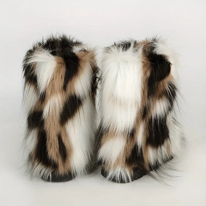 Women's Faux Fur Snow Boots, Trendy Slip On Mid Calf Boots, Women's Comfortable Winter Boots Chic Le'Meek