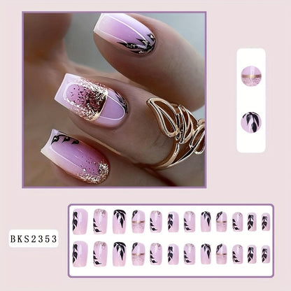 96-Piece Square Press On Nails - Chic Short Square Shape, Smudge Marble & Glitter Line Design, Full Cover False Nails for Women and Girls - 4 Packs Value Set