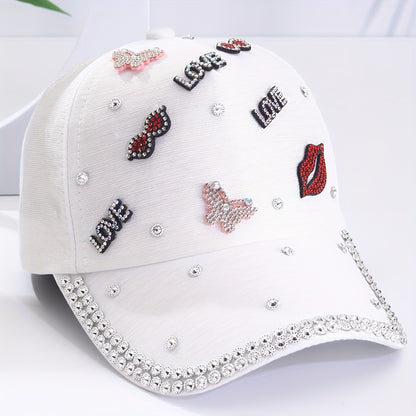 Stylish Rhinestone Baseball Cap Versatile Breathable Dad Hat Outdoor Adjustable Sun Protection Sports Hats Valentine's Day For Women