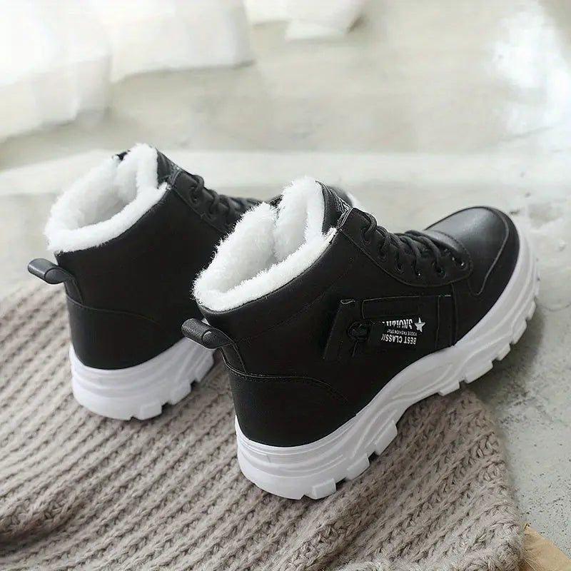 [Warm Fleece-Lined Winter Boots] Warm Fleece-Lined Women's Winter High-Top Boots - Thick Rubber Sole, Lace-Up Casual Style, White & Beige, Perfect for Cold Weather Comfort Chic Le'Meek