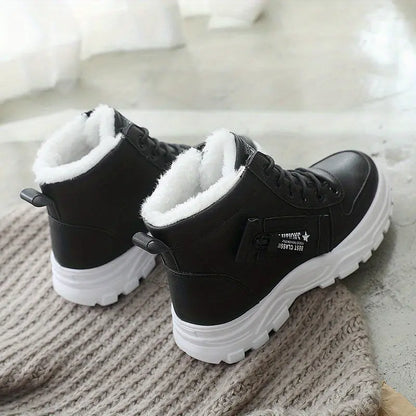 [Warm Fleece-Lined Winter Boots] Warm Fleece-Lined Women's Winter High-Top Boots - Thick Rubber Sole, Lace-Up Casual Style, White & Beige, Perfect for Cold Weather Comfort Chic Le'Meek
