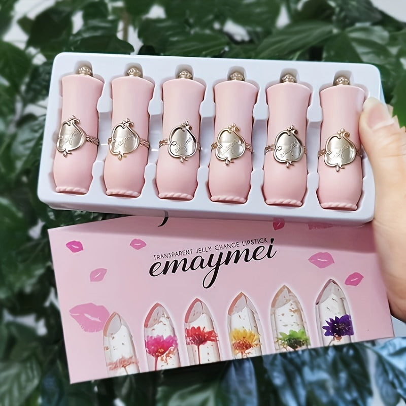 emaymei Transparent Jelly Change Lipstick: 6-Piece Set with Crystal Golden Foil, Flower Petals, and Shimmering Pink Hues