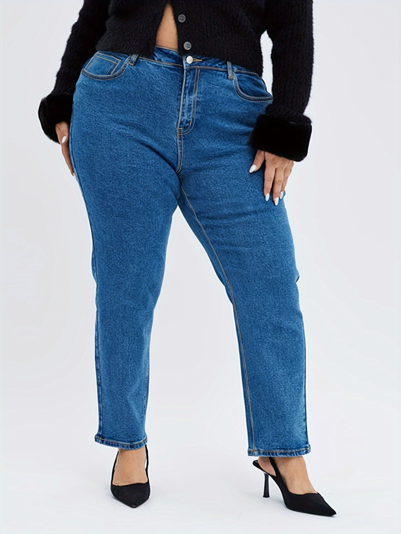 Plus Size Tapered Jeans For Women High Waist Strethcy Pants Full Length Denim Jeans Light Blue Mom Pants