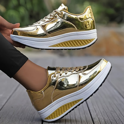 Womens Glamorous Shiny Metallic Platform Sneakers - Comfortable Lace-Up Design for Outdoor Running & Casual Sports - Durable Thick Sole Shoes