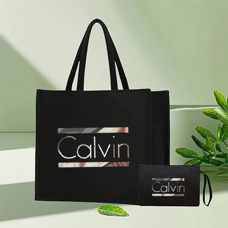 [Chic Calvin Print Set] Durable Two-Piece Canvas Tote & Cosmetic Bag Set Temu