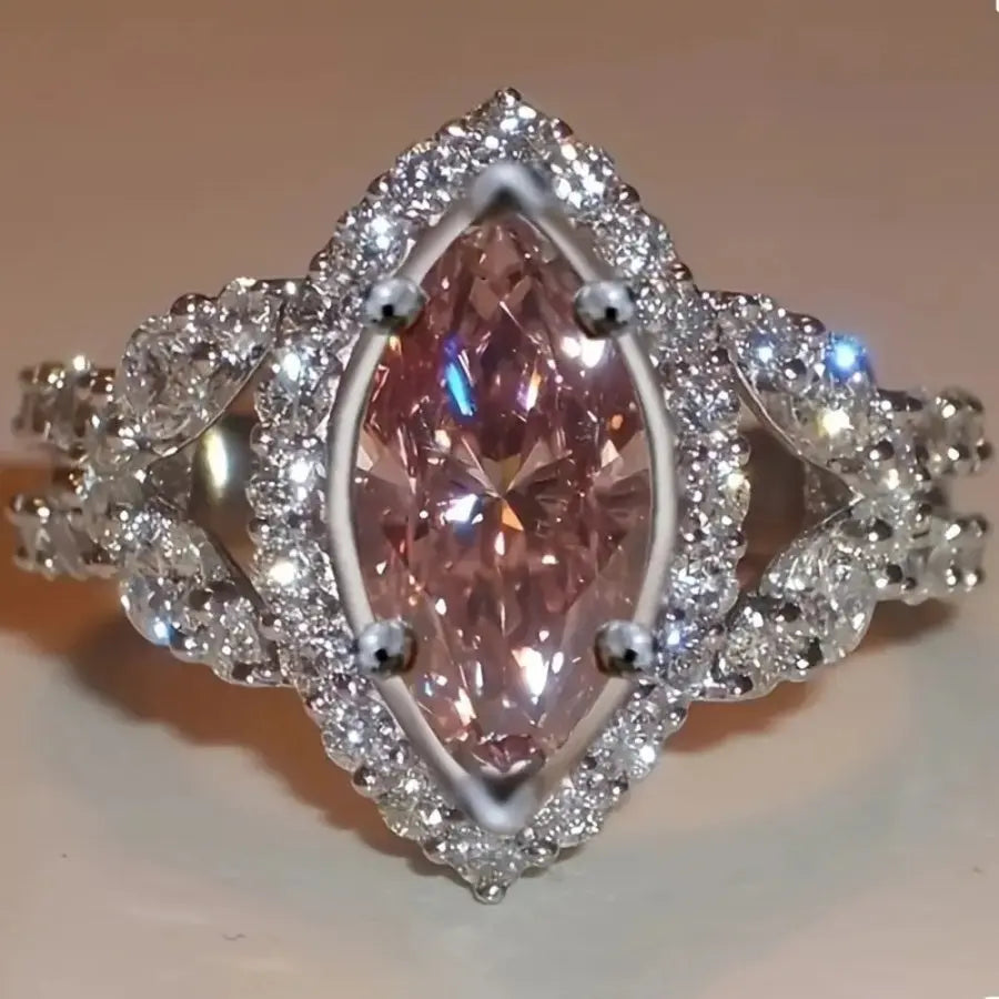 [Luxury Ring] Luxury Elegant Pink Cubic Zirconia Silver Plated Copper Ring | Sparkling Wedding/Cocktail Engagement Ring - Ideal Valentine's Day Gift Chic Le'Meek