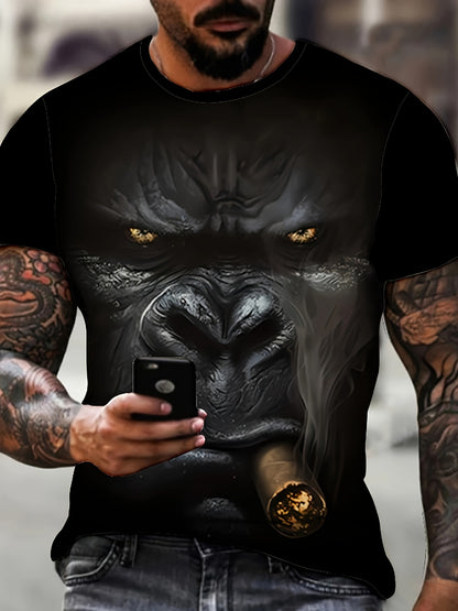 Plus Size Mens Fashion-Forward 3D Gorilla Print Tee - Vivid Summer Street Style, Breathable Short Sleeves, Premium Quality