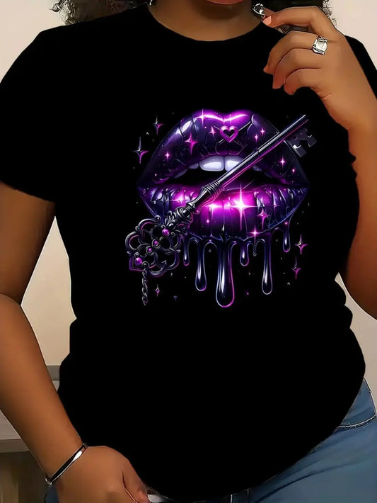 Plus Size Glowing Lip - Print T - Shirt for Women Casual Crew Neck, Medium Stretch Summer and Outdoor Fun Chic Le'Meek