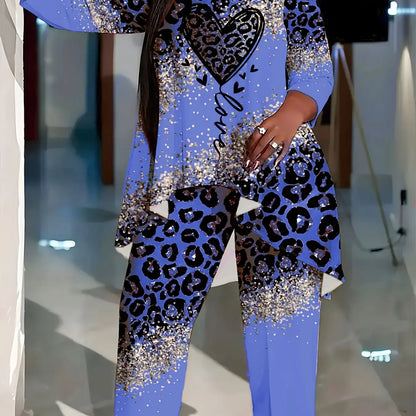 Leopard & Heart Print Plus-Size Set for Women - High-Low Hem, 3/4 Sleeves, Crew Neck Top & Pants Chic Le'Meek