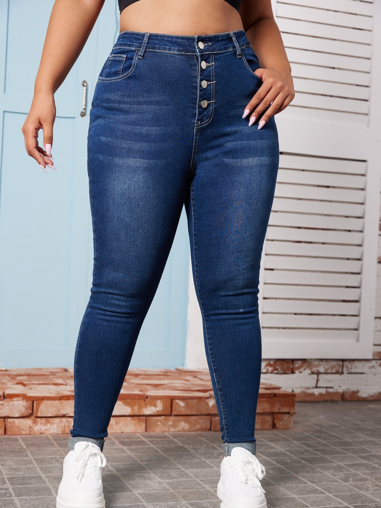 Plus Size Casual Jeans, Women's Plus Button Fly Roll Up Buckle Hem High Stretch Jeans