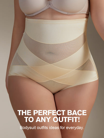 Plus Size Elegant Shaping Panty - Flattering Design with Chic Cross Detail, Comfortable High Waist, Effective Tummy Control, Lifting Hip Support, and Body-Shaping Silhouette - Seamless Underwear for Smooth Comfort