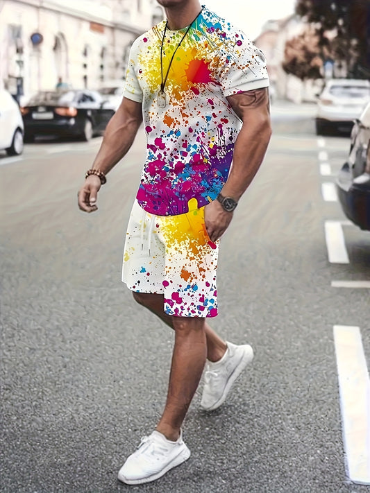 Plus size 2-piece men's fashionable full body printed splashed ink color pattern short sleeved round neck T-shirt and drawstring shorts set, casual street comfortable and breathable