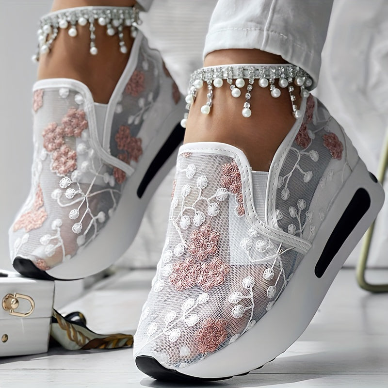 Floral Embroidery Sheer Mesh Sneakers